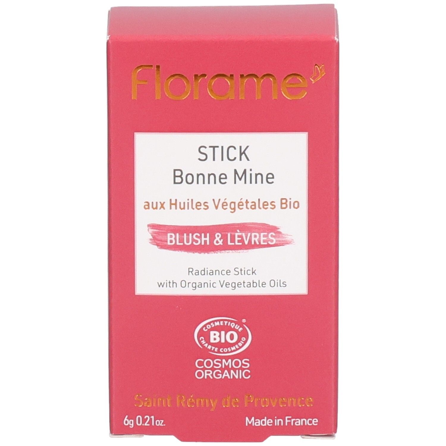 Packaging cosmétique Florame Stick Bonne Mine Blush & Lèvres, face avant avec nom du produit et label BIO.
