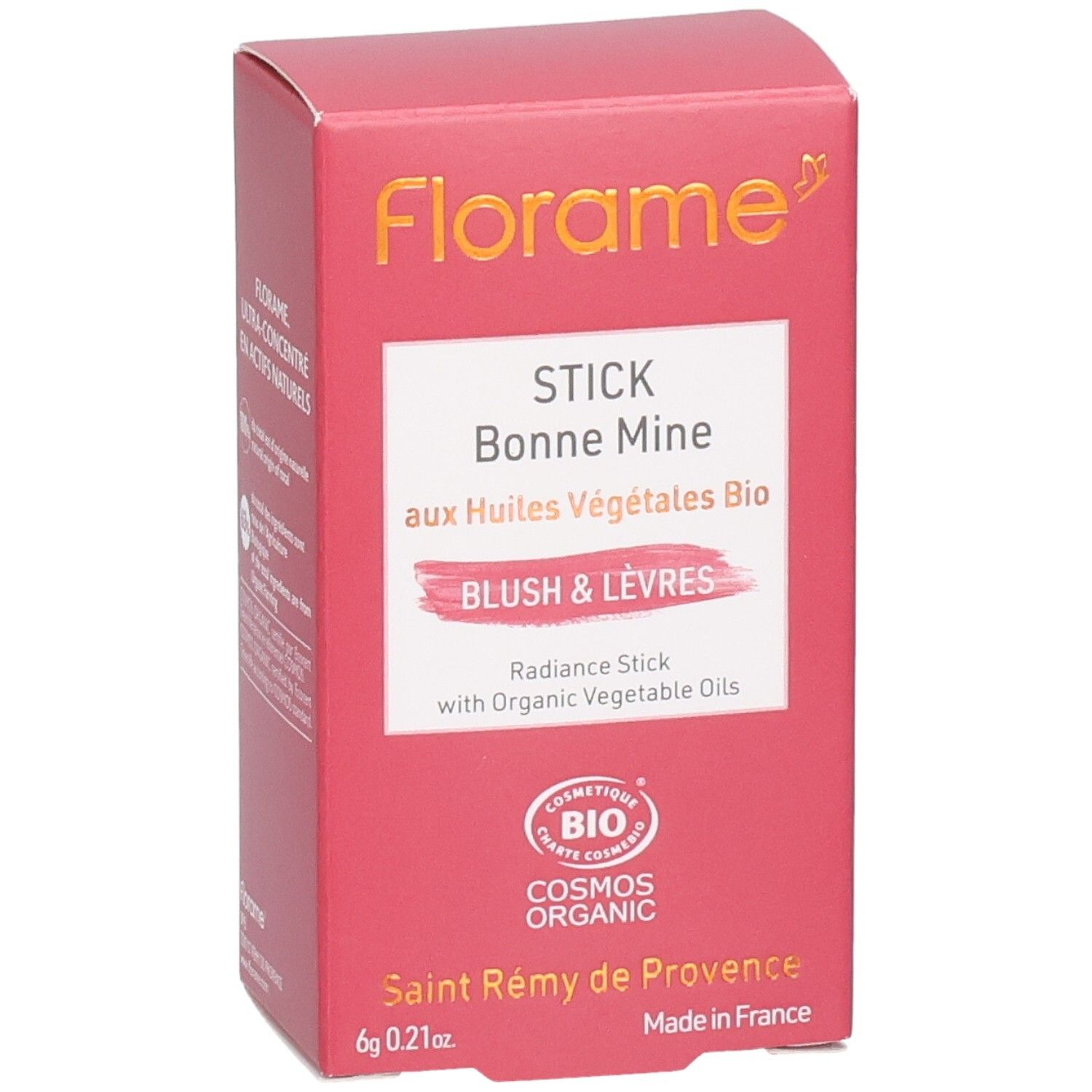 Packaging cosmétique Florame Stick Bonne Mine, face avant avec logo de la marque, nom du produit et label BIO.