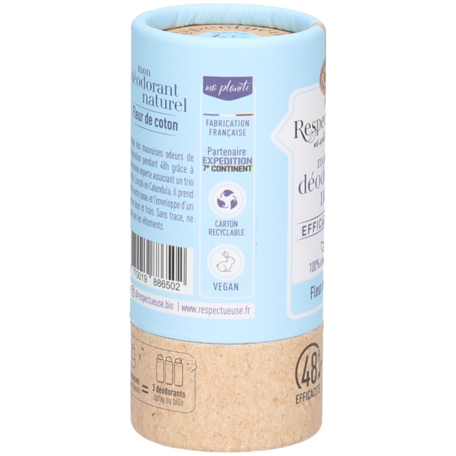 Déodorant en tube carton, verso avec informations sur fabrication, recyclage et ingrédients.