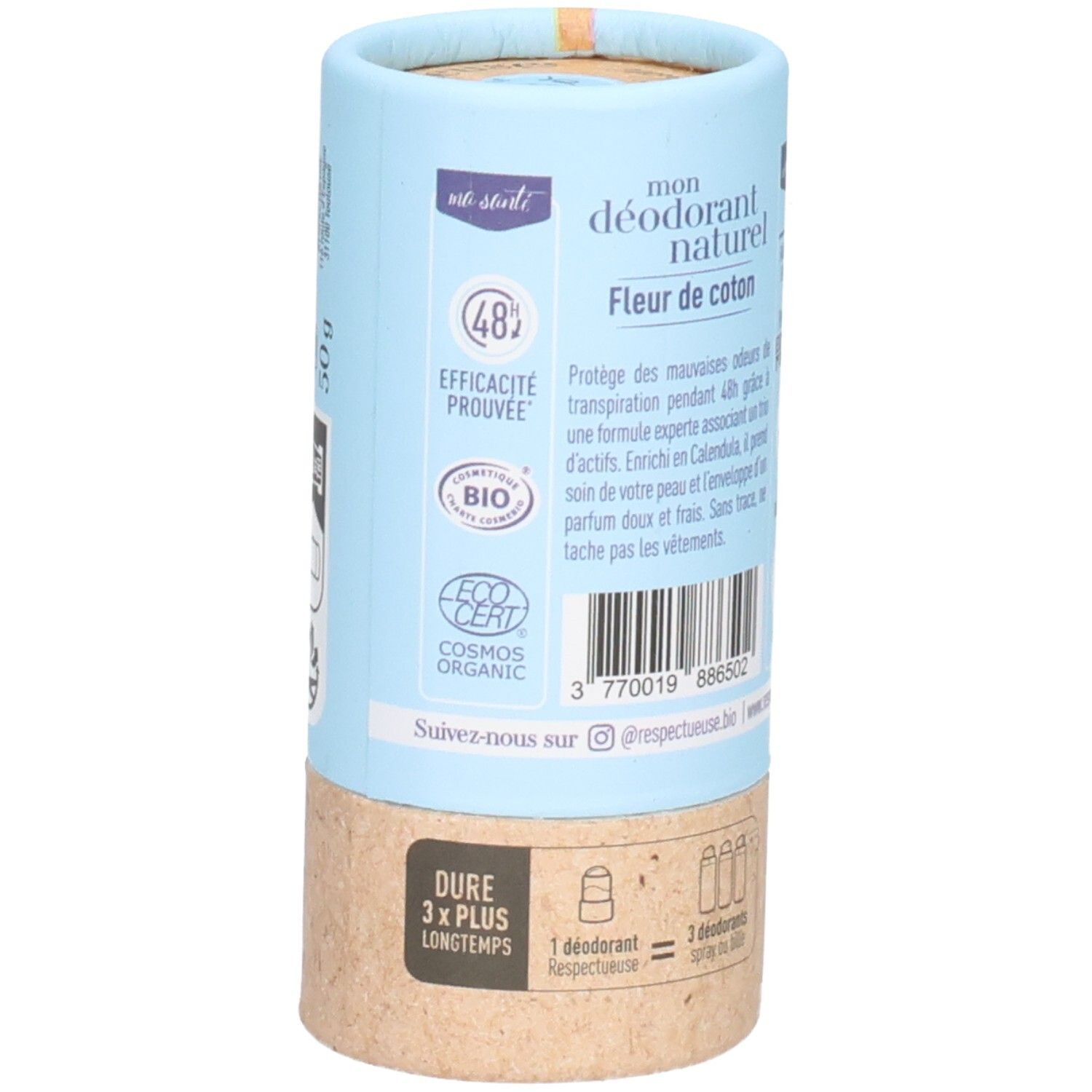 Déodorant en tube carton, verso avec label bio, ingrédients et instructions d'usage.