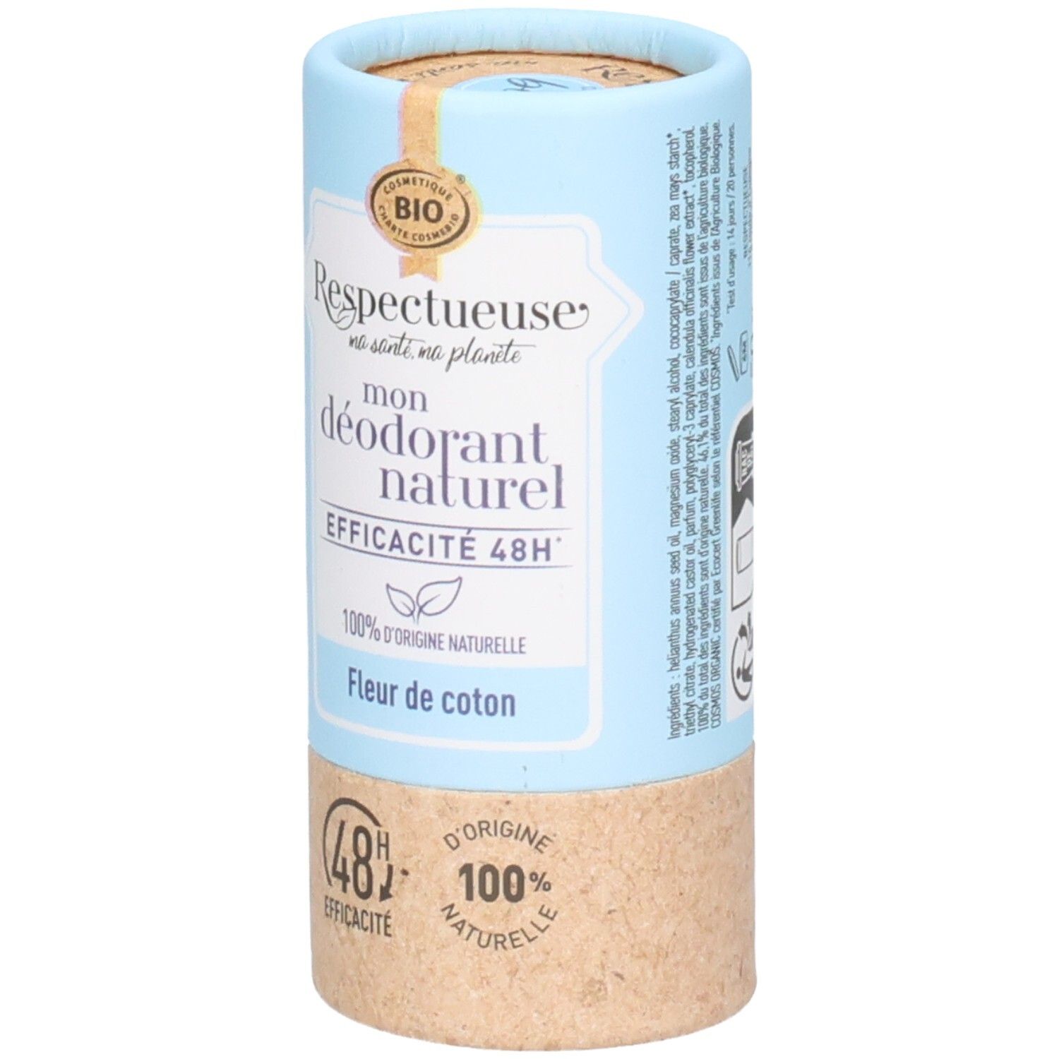 Déodorant en tube carton, face avant avec label bio, efficacité 48h, 100% d'origine naturelle.