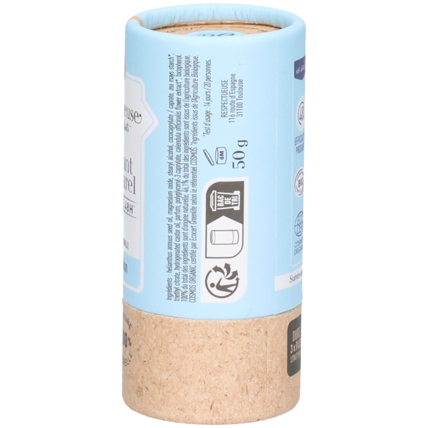 Déodorant en tube carton, 50g, avec label bio et liste d'ingrédients.