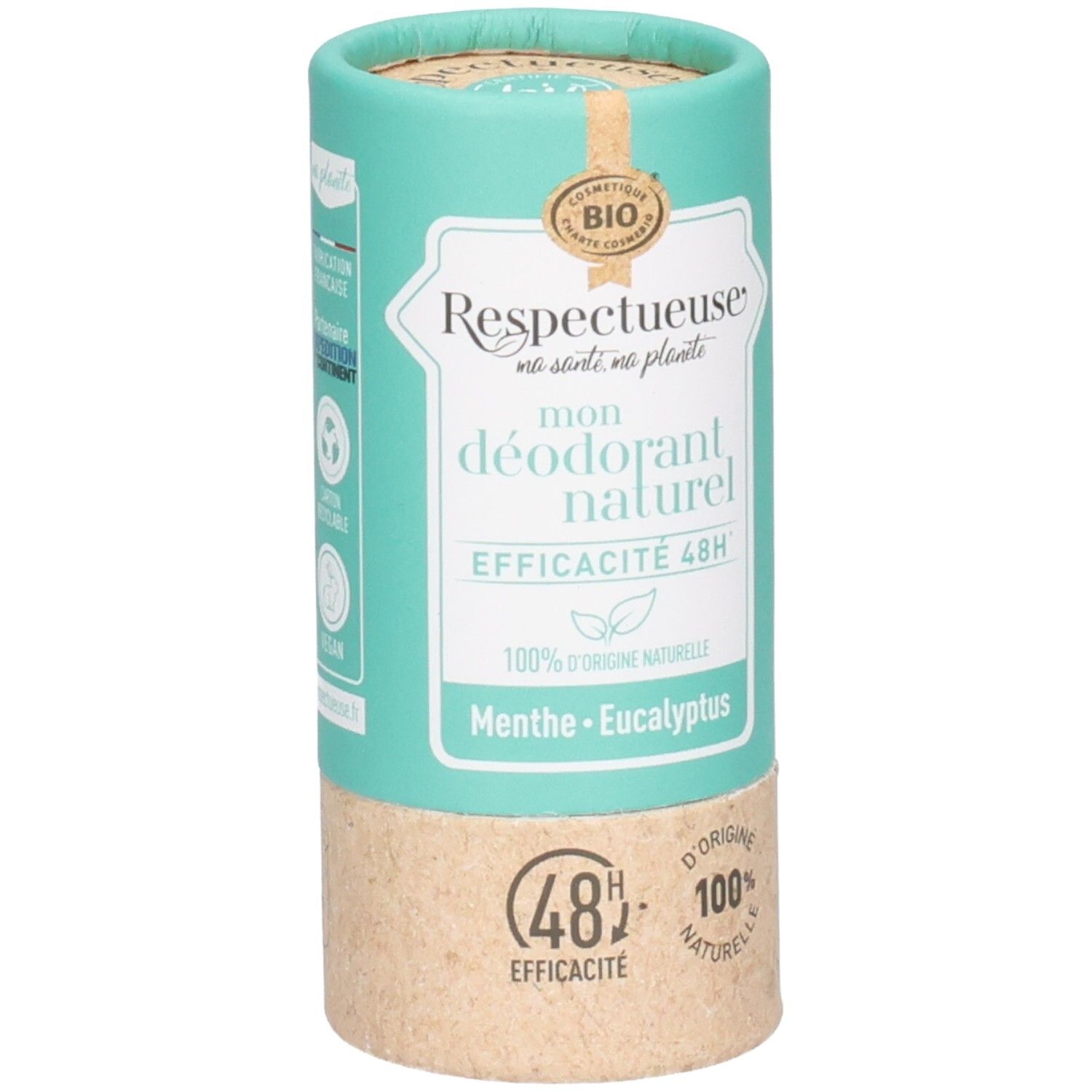 Stick déodorant cylindrique avec étiquette : 'Respectueuse mon déodorant naturel Menthe - Eucalyptus'.