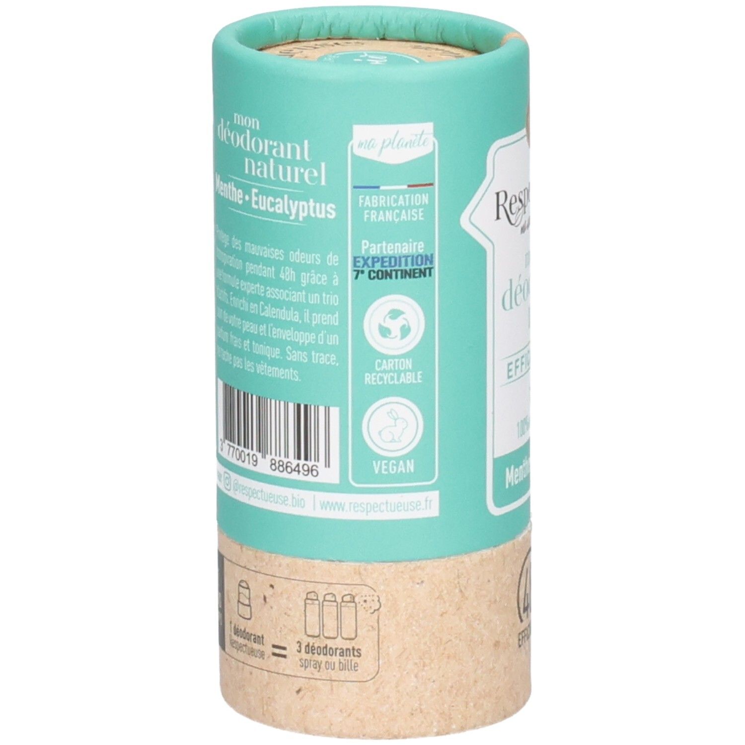 Arrière d'un stick déodorant avec informations sur les ingrédients et certifications.