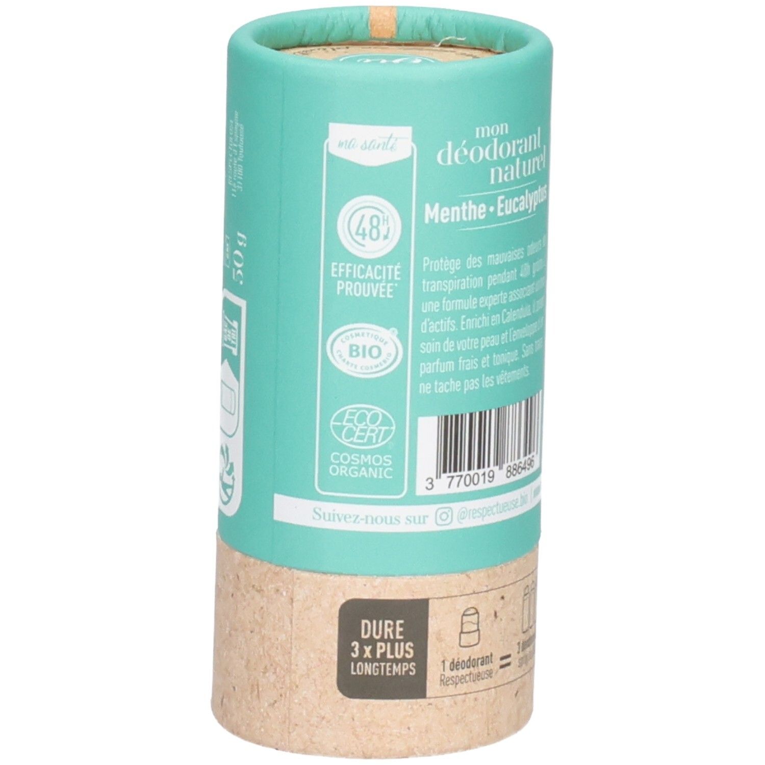 Côté d'un stick déodorant avec certification Bio et Eco et indication de poids 50g.