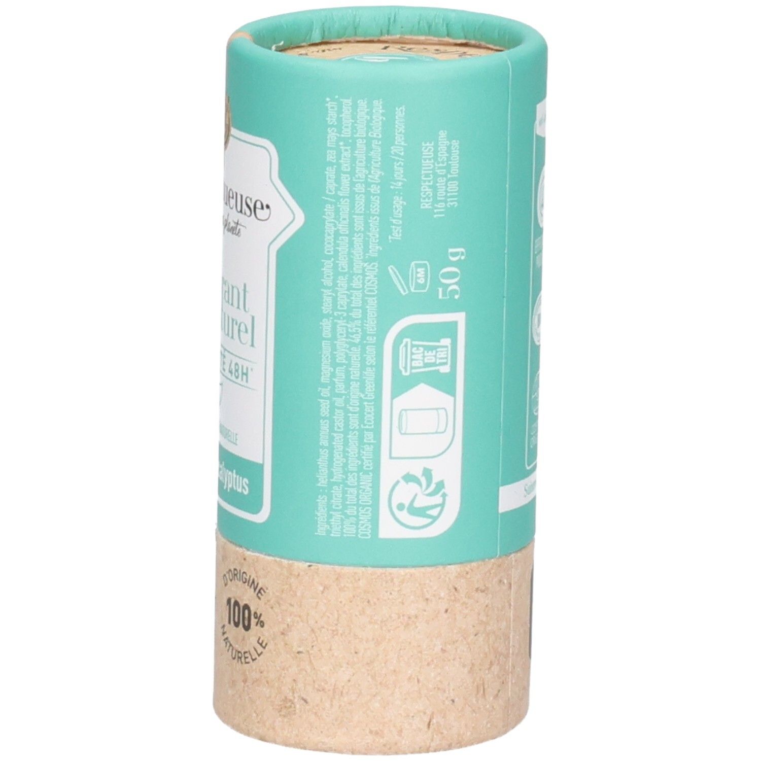 Côté d'un stick déodorant avec liste d'ingrédients et symboles de recyclage et vegan.