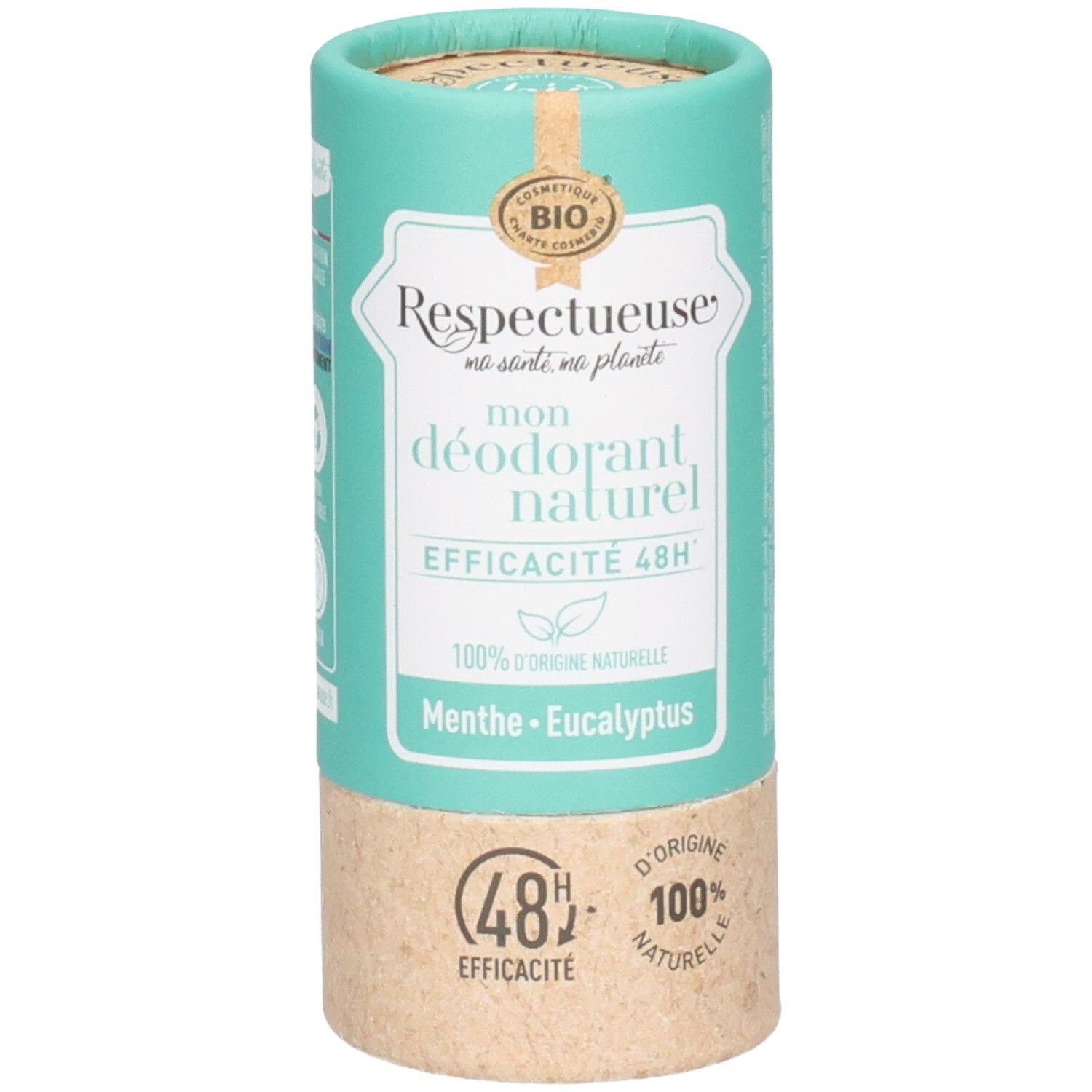 Stick déodorant cylindrique avec étiquette : 'Respectueuse mon déodorant naturel Efficacité 48H'.