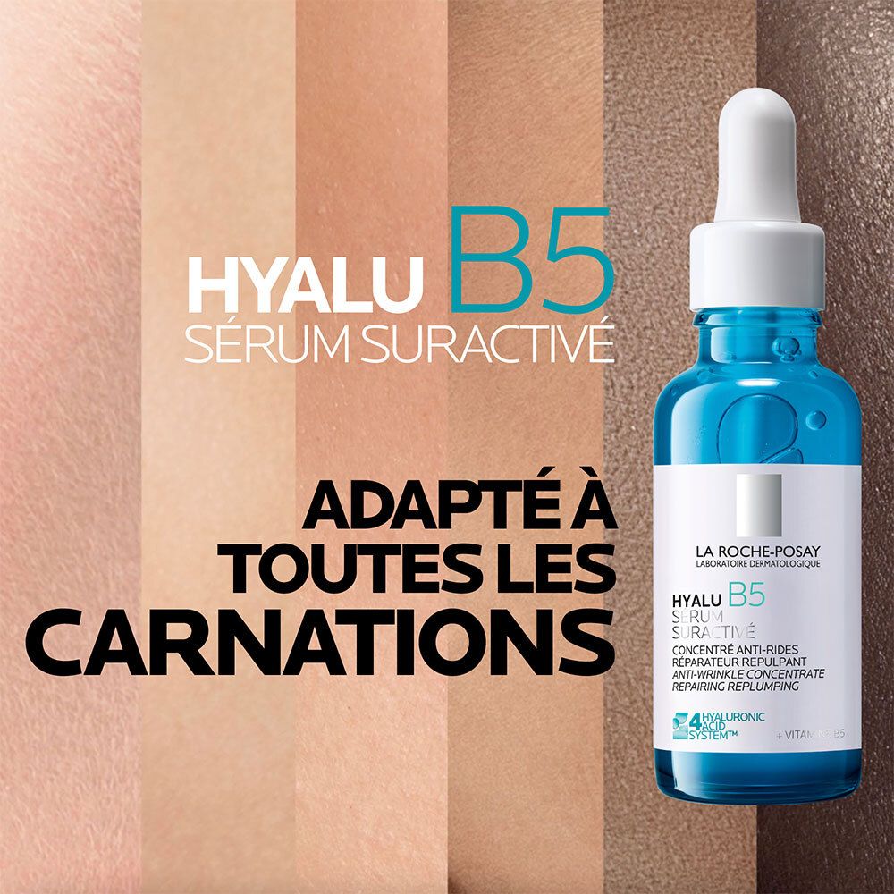 Flacon en verre bleu avec pipette. Texte: HYALU B5 Sérum Suractivé. Fond: tons de peau.