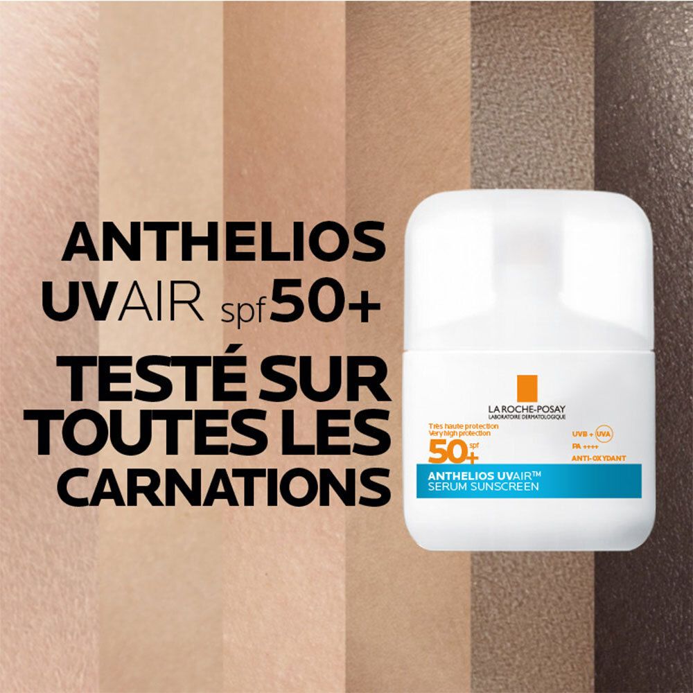Flacon blanc avec bouchon orange. Texte: ANTHELIOS UVAIR spf50+. Fond: tons de peau.
