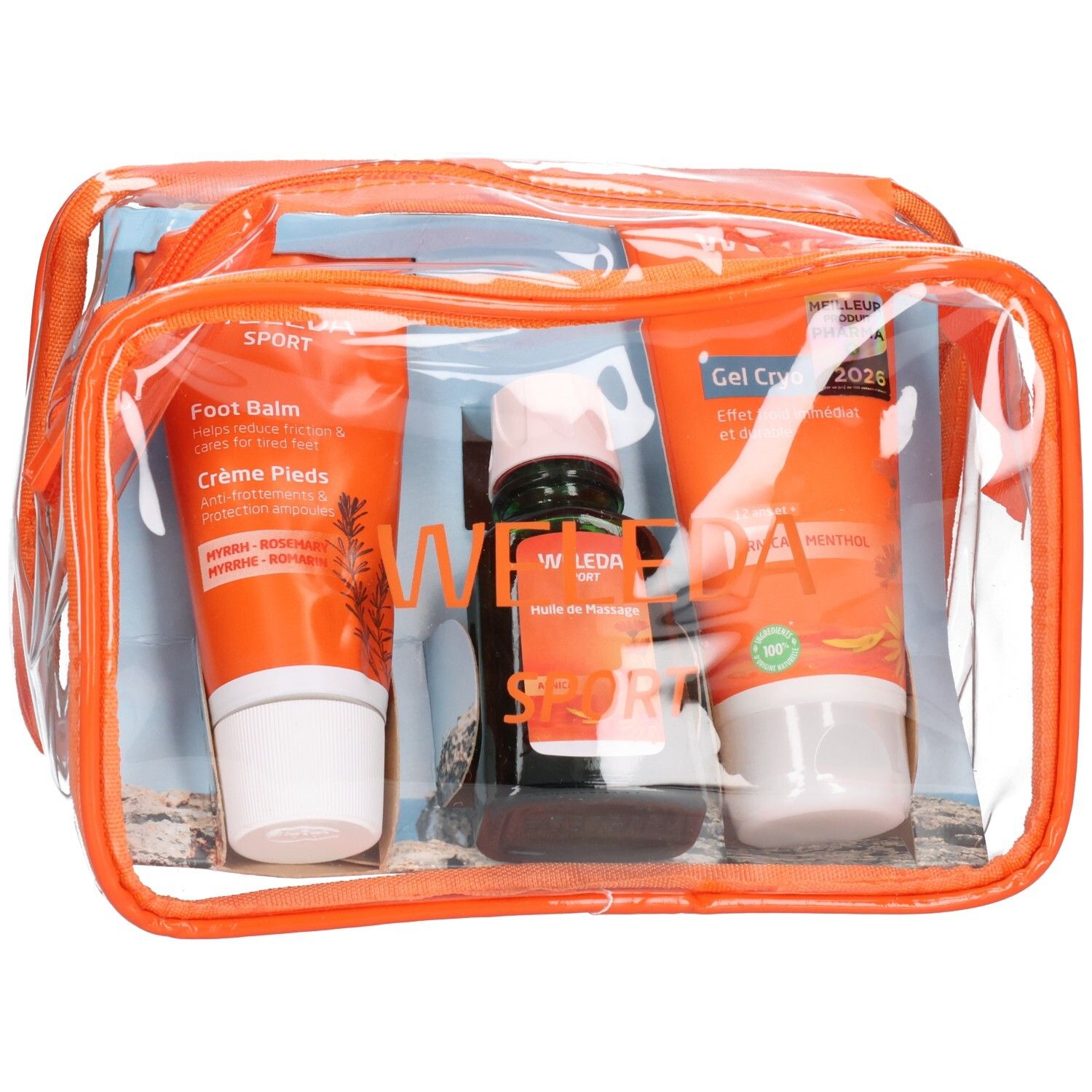 Trousse de sport Weleda avec trois produits de soin : baume pour les pieds, huile de massage et gel froid.