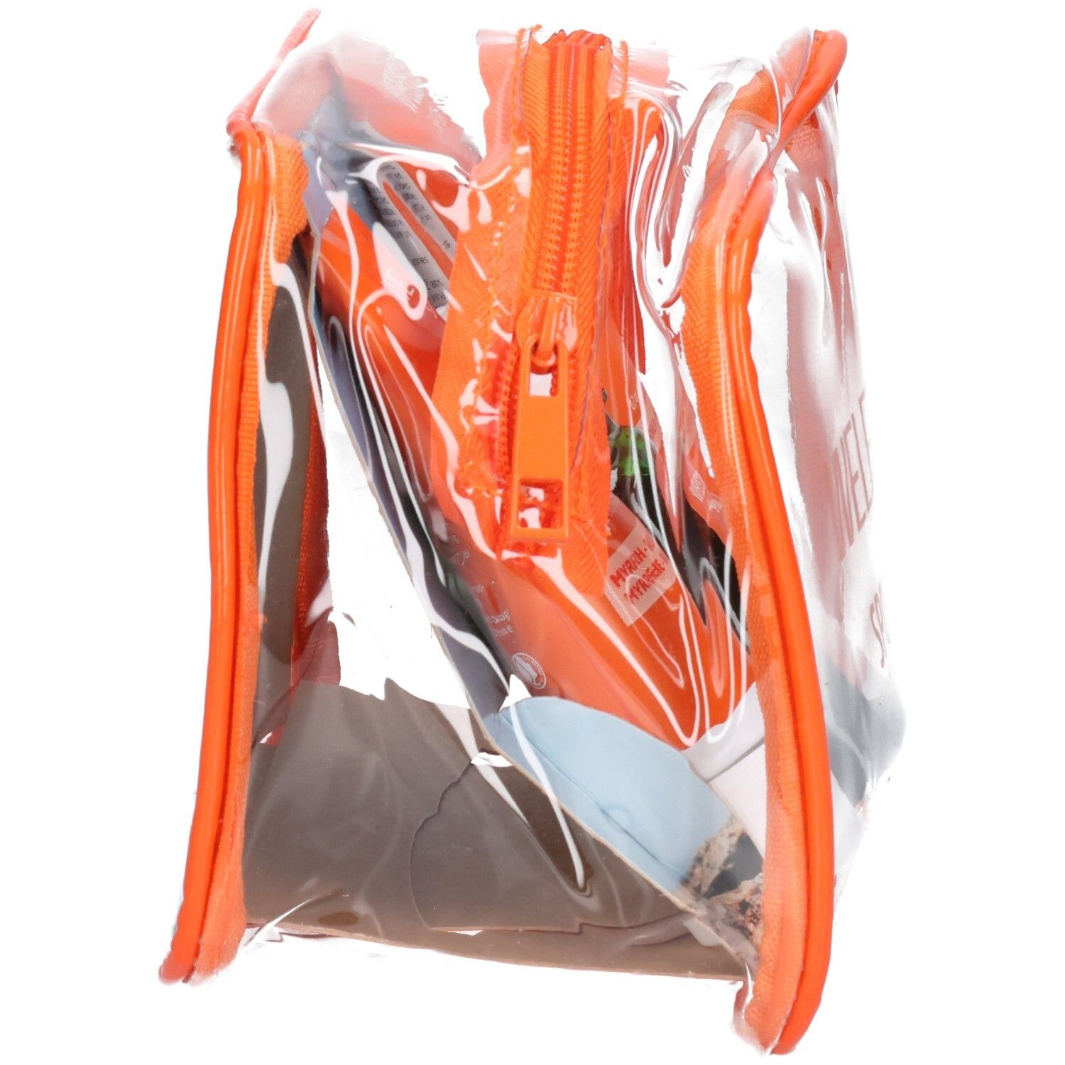 Vue latérale de la trousse de sport Weleda transparente avec fermeture éclair et poignée orange.