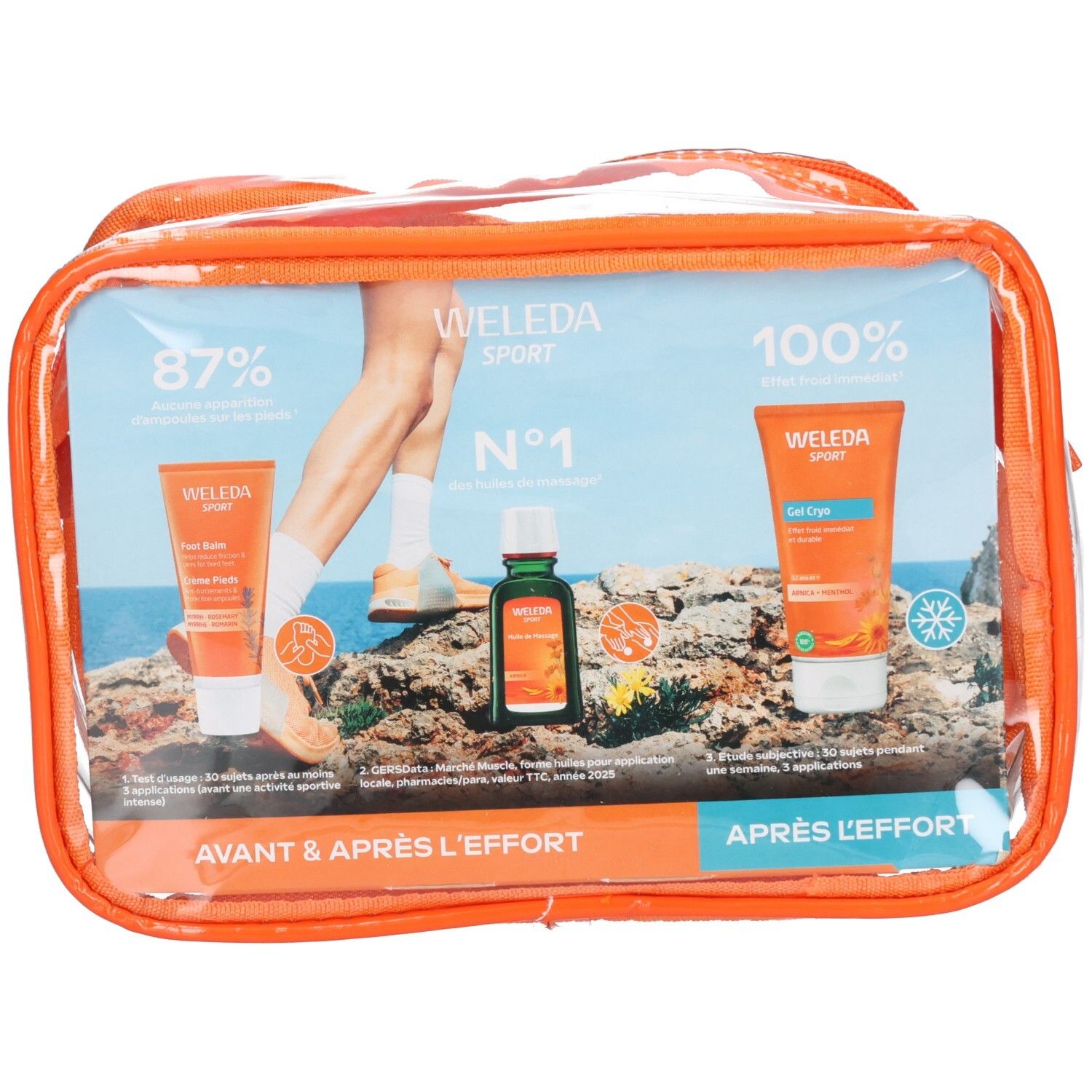 Set Weleda Sport : baume pieds, huile massage, gel froid. "Avant & Après l'effort" sur l'emballage.