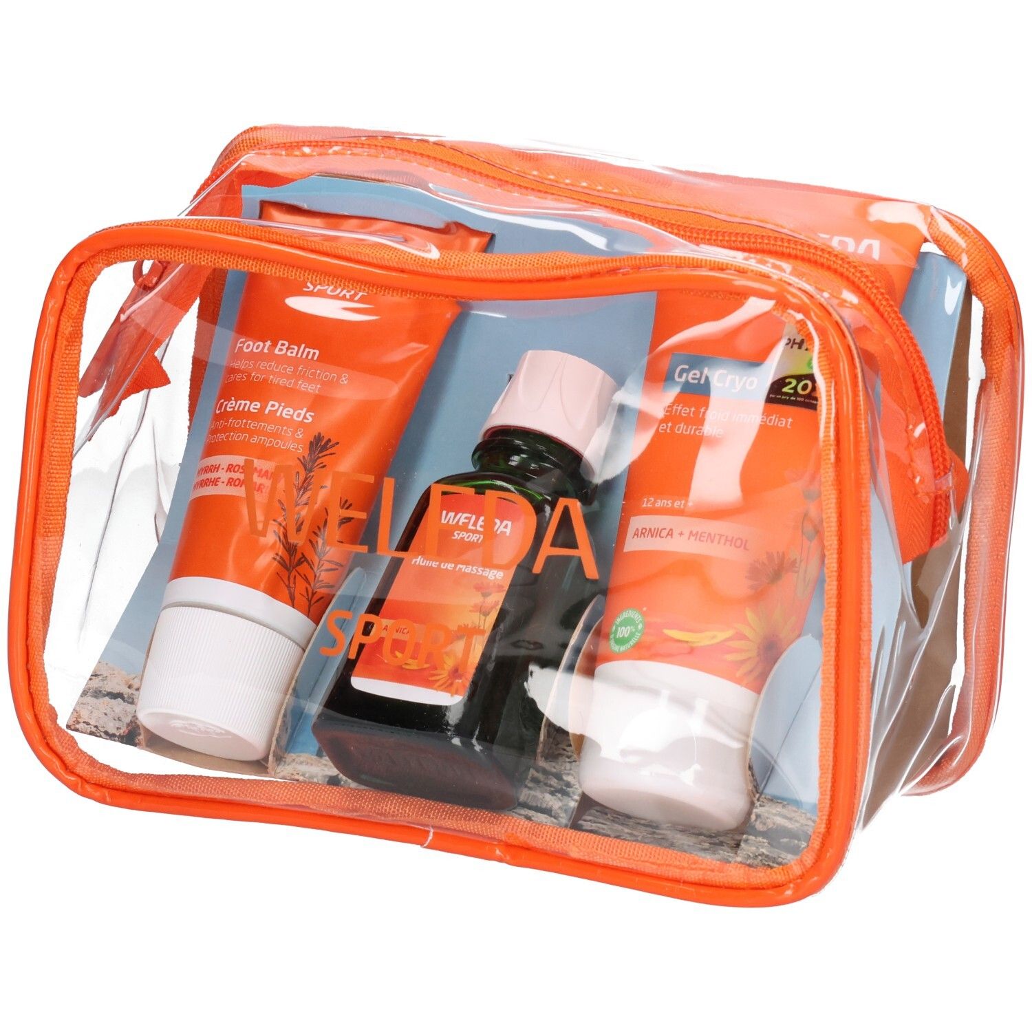 Trousse de sport Weleda avec baume pieds, huile massage et gel froid, vue de face.