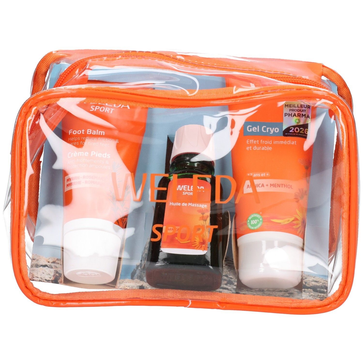 Trousse sport Weleda : baume pieds, huile massage, gel froid. Sceaux "Heilkräuter" et "Pharma".