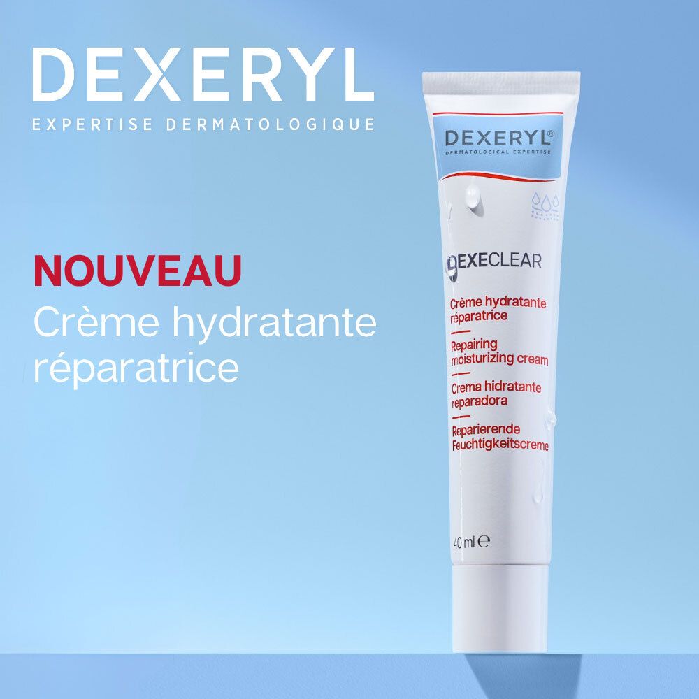 Arrière du tube de crème hydratante réparatrice DEXERYL Dexeeclear avec instructions.