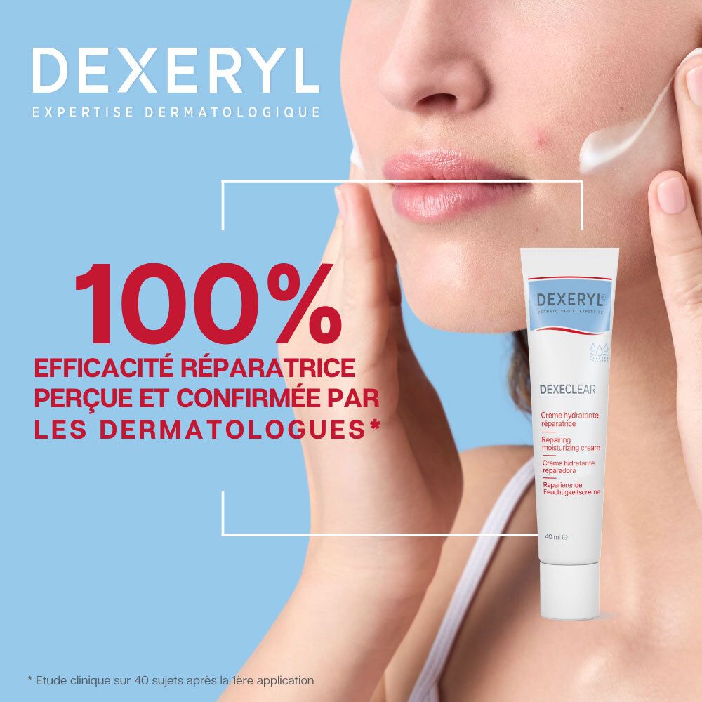 Crème DEXERYL Dexeeclear sur peau du visage, efficacité réparatrice à 100% confirmée.