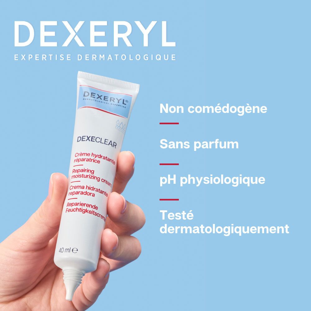 Tube DEXERYL Dexeeclear : non comédogène, sans parfum, pH physiologique, testé dermatologiquement.