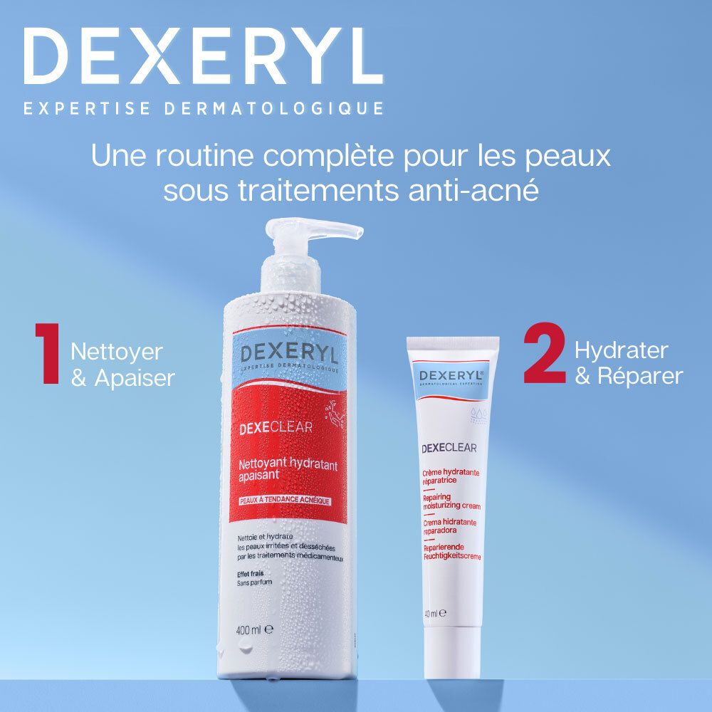Routine DEXERYL Dexeeclear : Nettoyer & Apaiser (flacon 400ml) et Hydrater & Réparer (tube).