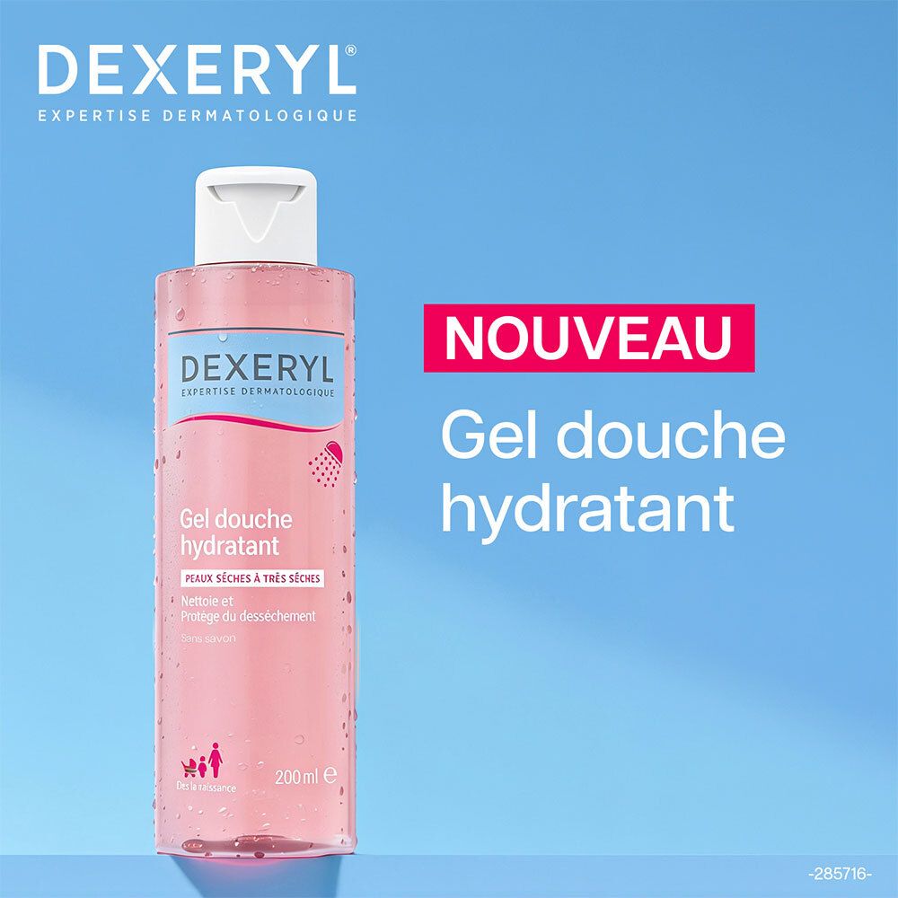 DEXERYL Gel douche hydratant, nouveau, 200ml, sur fond bleu.