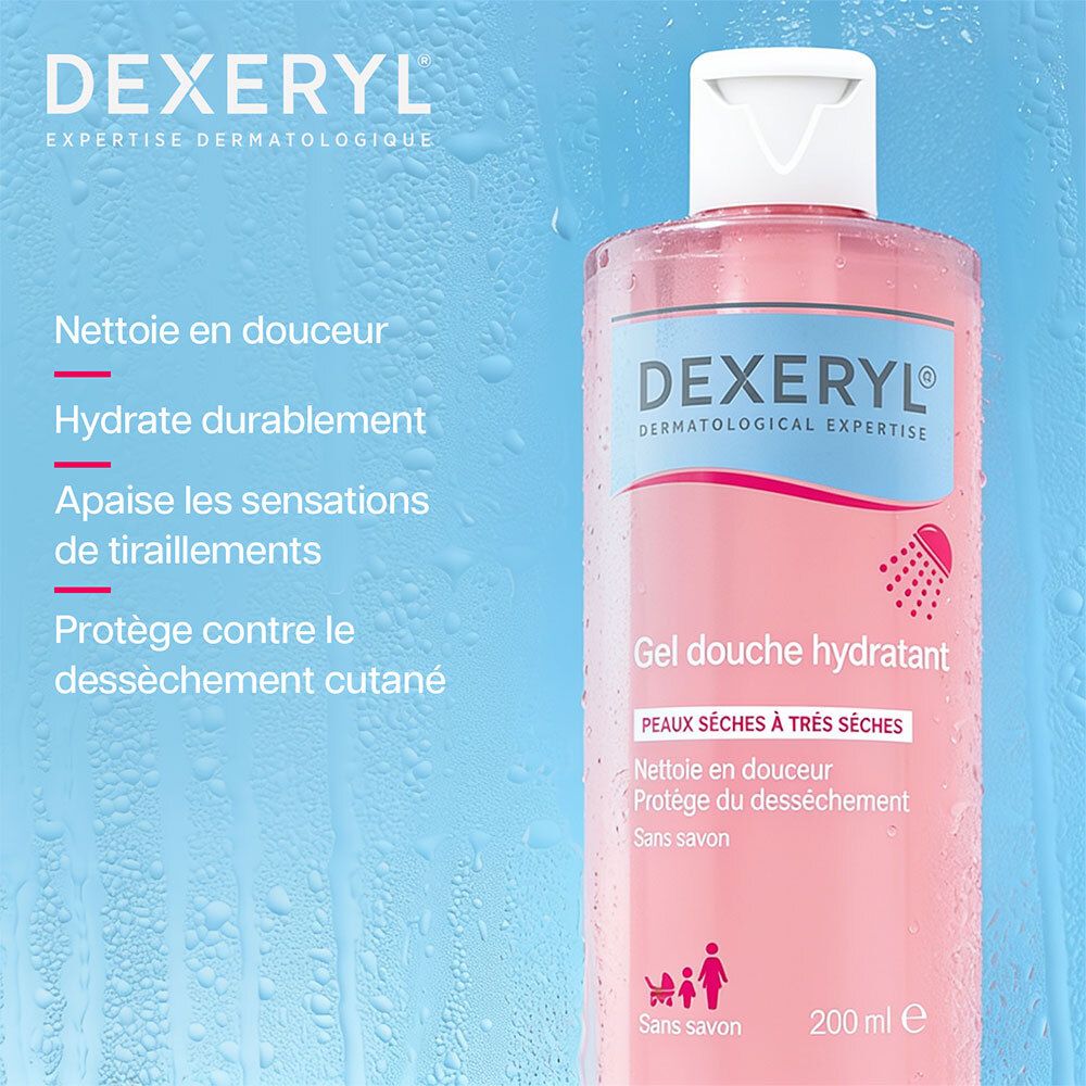 DEXERYL Gel douche hydratant pour peaux sèches, 200ml.