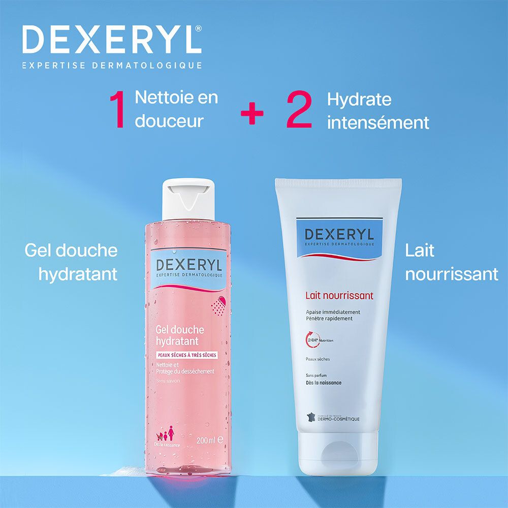 DEXERYL Gel douche hydratant et Lait nourrissant.