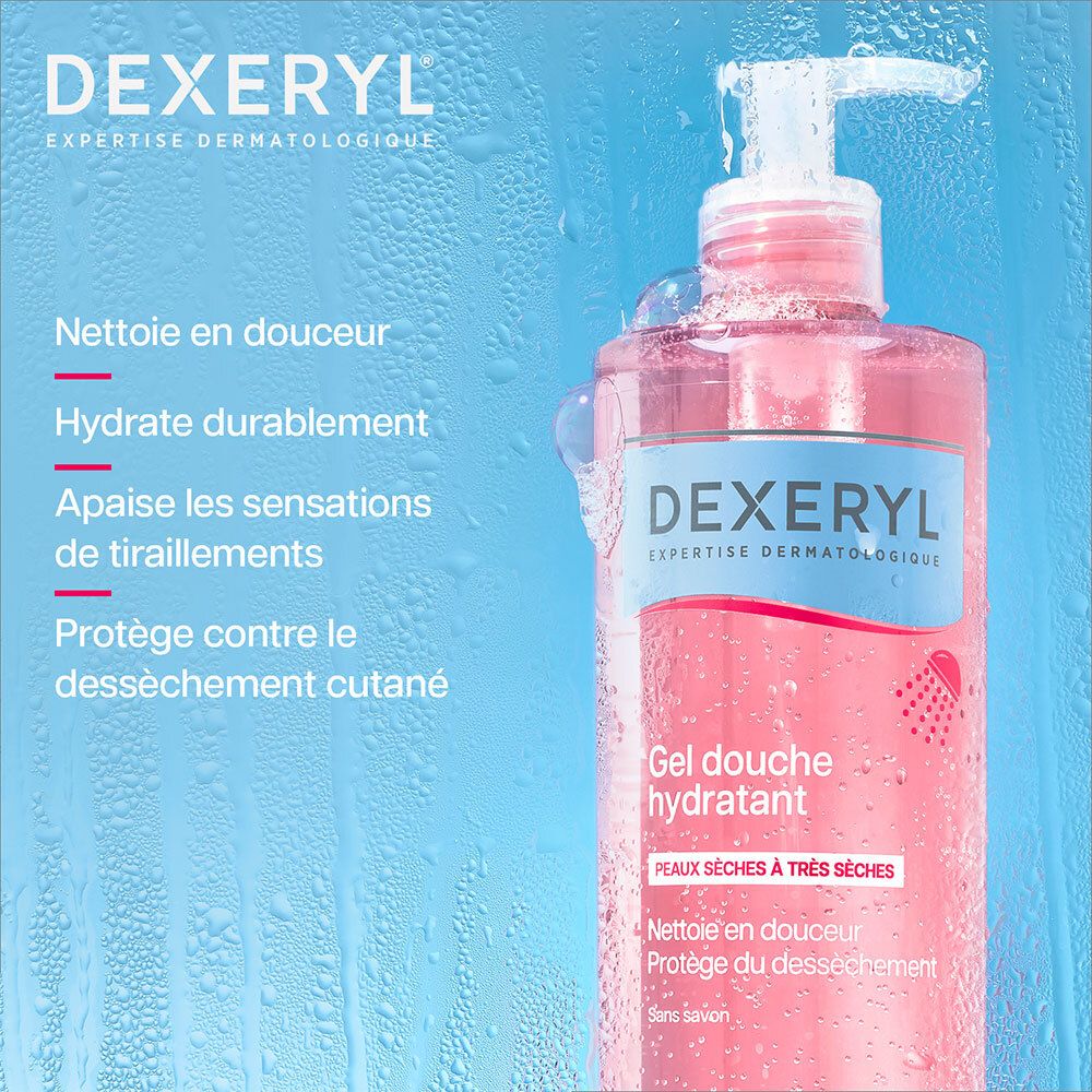 Gel douche DEXERYL: Nettoie en douceur, hydrate, apaise et protège.