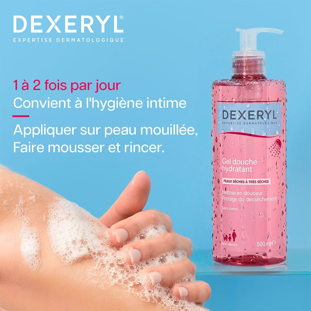 Gel douche DEXERYL: 1-2x/jour, convient à l'hygiène intime.