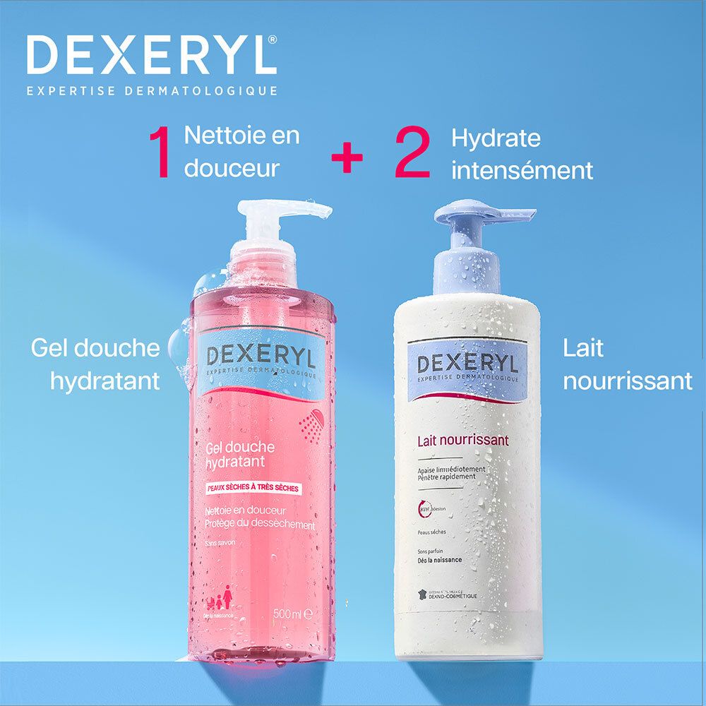 Gel douche hydratant DEXERYL pour peaux sèches.