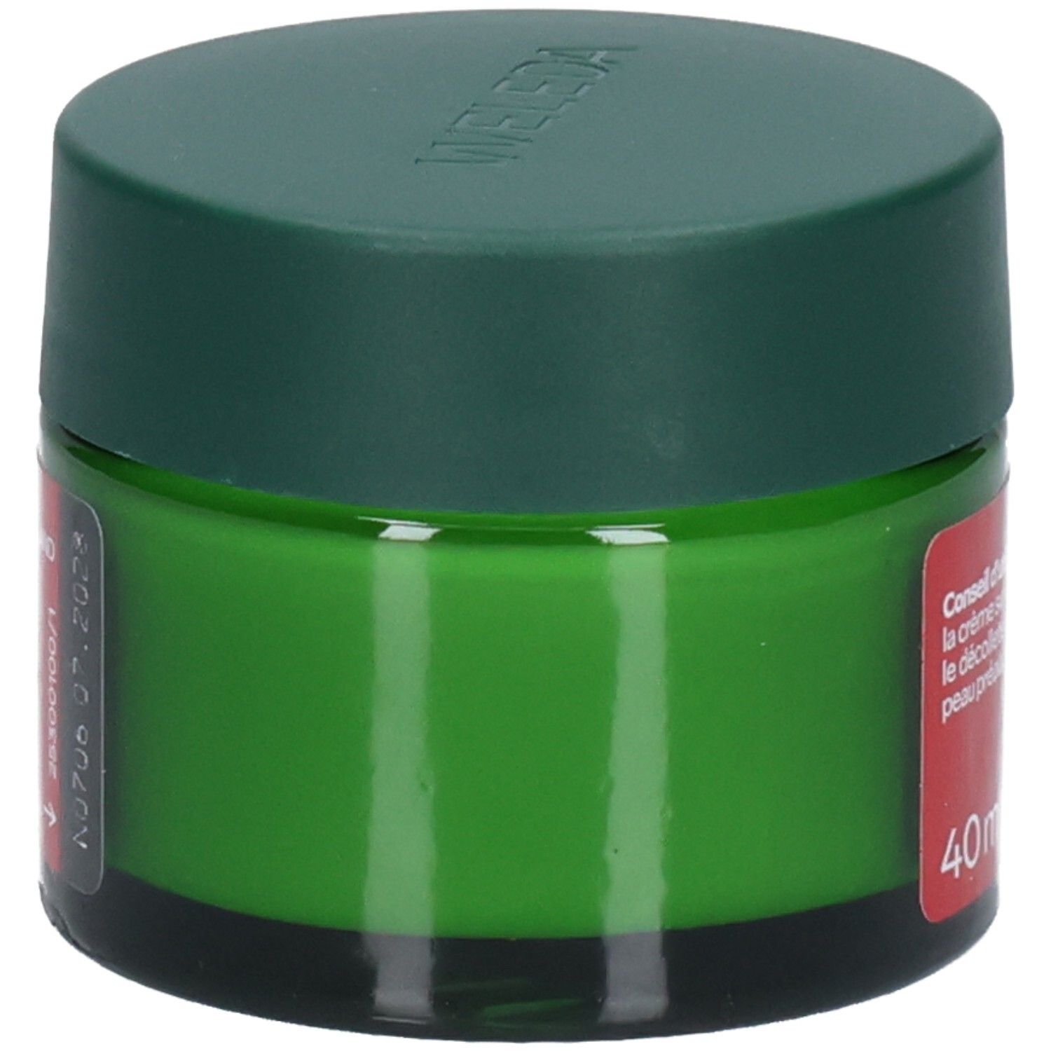 WELEDA YOUTH POWER CR NUIT 40ML Pot vert avec étiquette rouge, vue latérale.