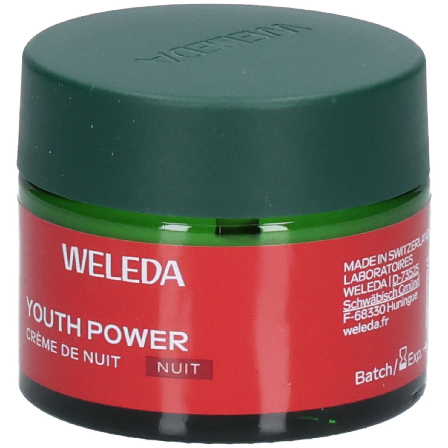 WELEDA YOUTH POWER CR NUIT 40ML Pot avec étiquette rouge et capuchon vert.