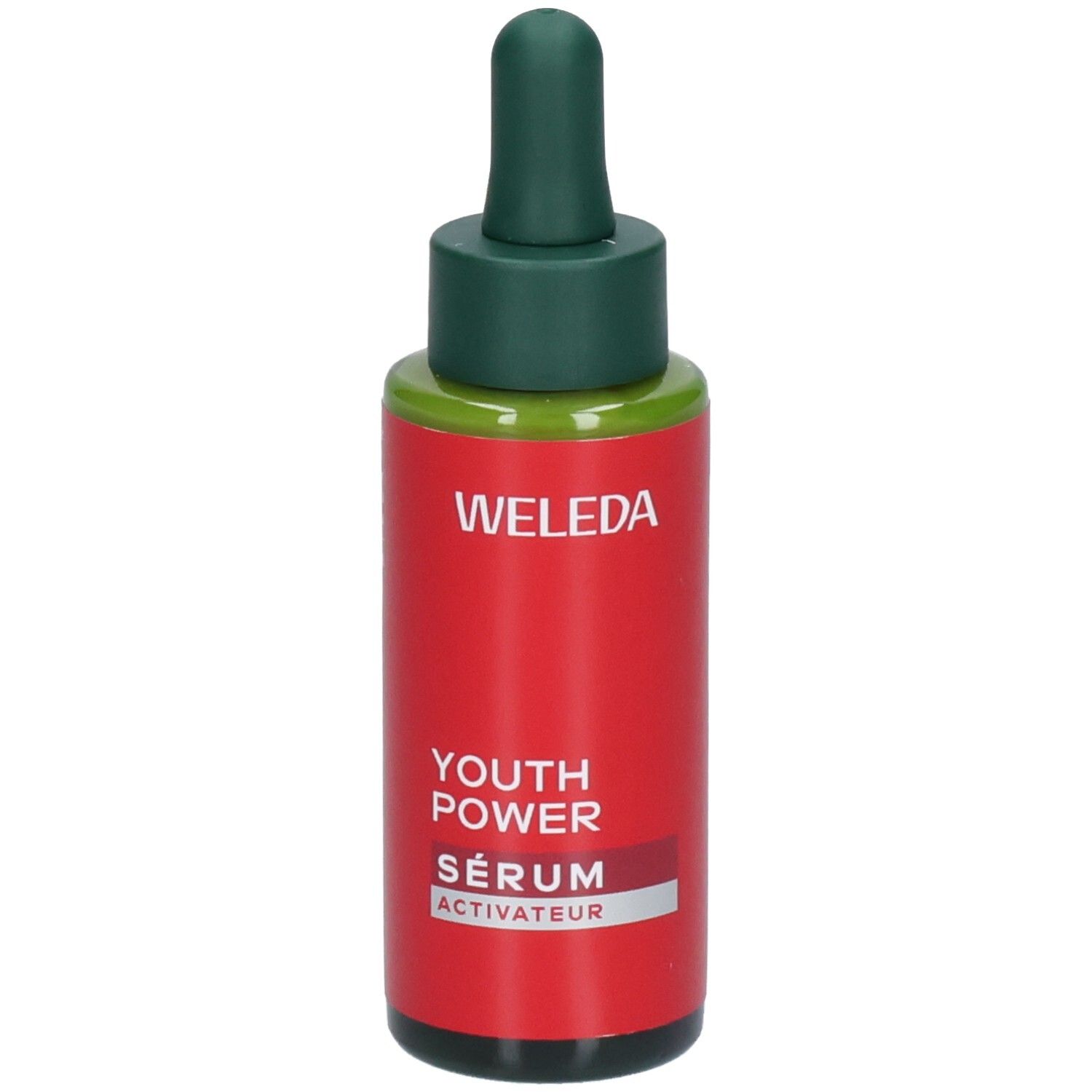 Sérum Weleda Youth Power : flacon rouge avec compte-gouttes. Texte : WELEDA YOUTH POWER SÉRUM ACTIVATEUR.