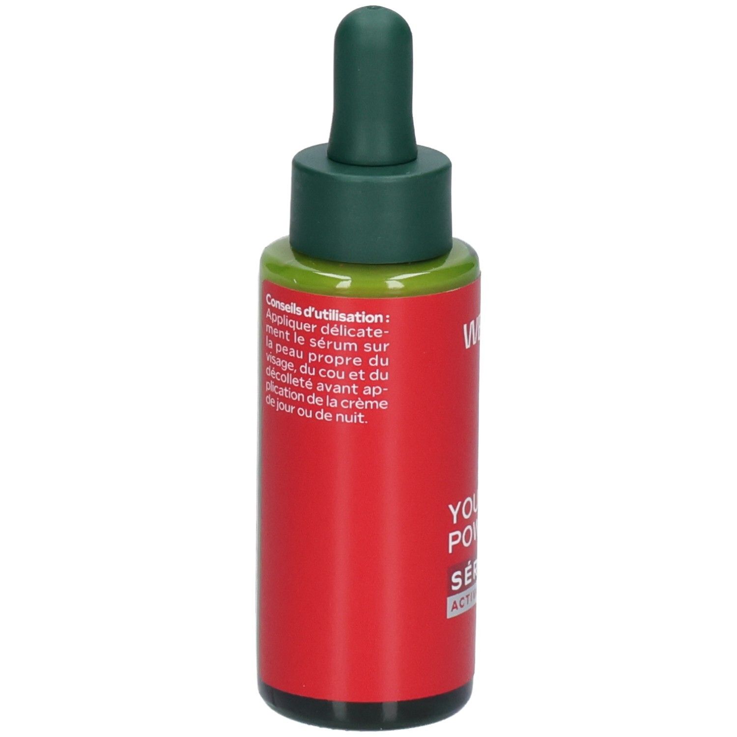 Sérum Weleda Youth Power : flacon rouge avec compte-gouttes. Dos avec conseils d'utilisation.