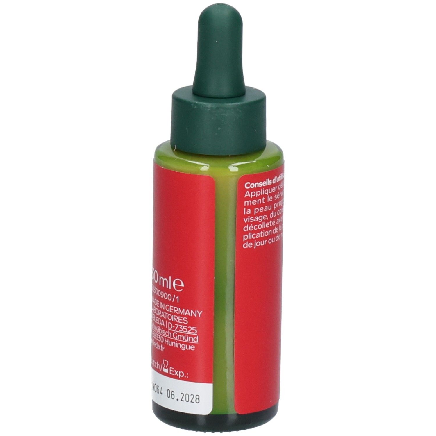 Sérum Weleda Youth Power : flacon rouge avec compte-gouttes. Dos avec "30ml" et informations de fabrication.