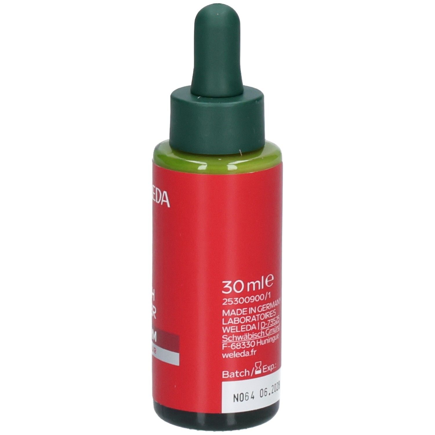 Sérum Weleda Youth Power : flacon rouge avec compte-gouttes. Dos avec "30ml", numéro de lot et date d'expiration.