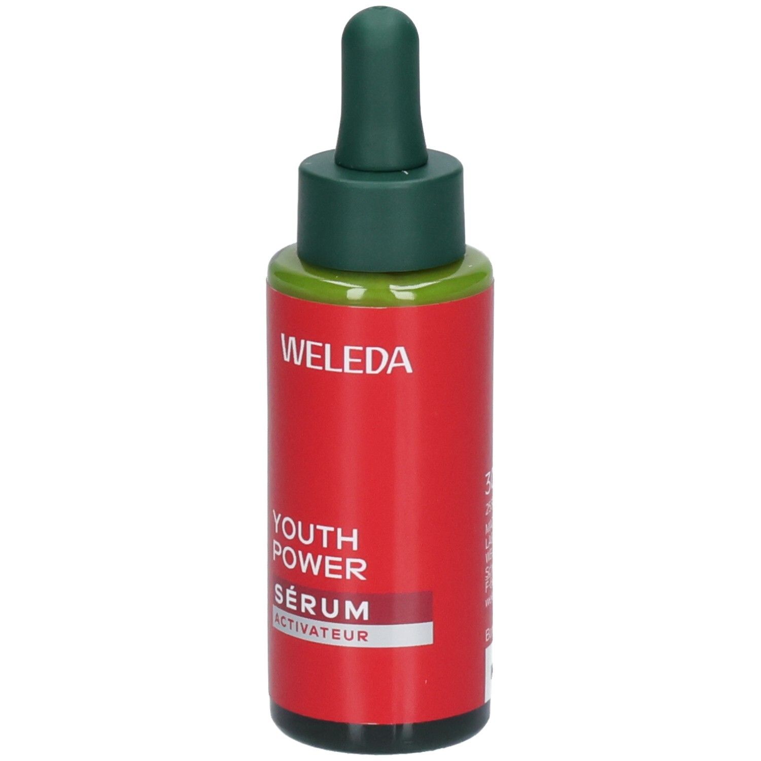 Sérum Weleda Youth Power : flacon rouge avec compte-gouttes. Texte : WELEDA YOUTH POWER SÉRUM ACTIVATEUR.