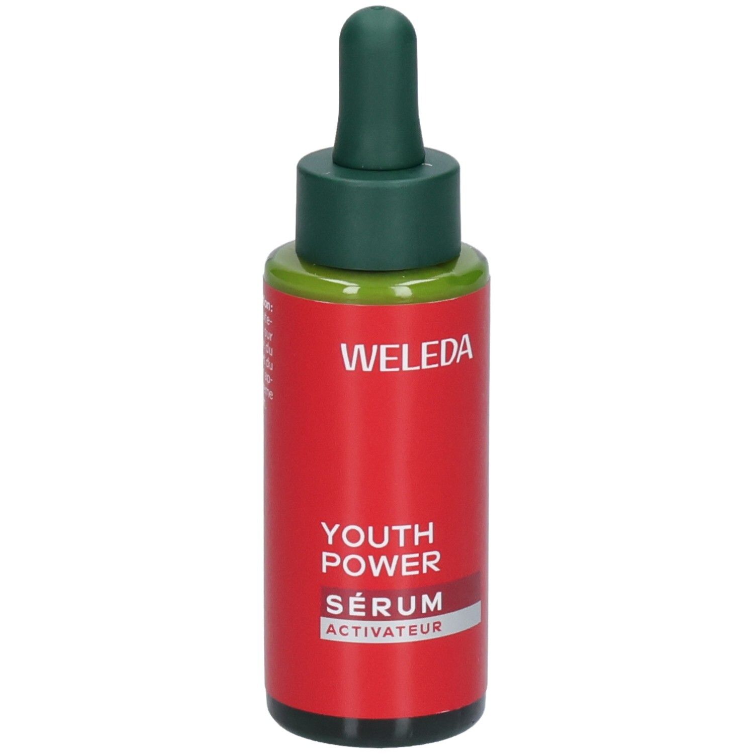 Sérum Weleda Youth Power : flacon rouge avec compte-gouttes. Texte : WELEDA YOUTH POWER SÉRUM ACTIVATEUR.