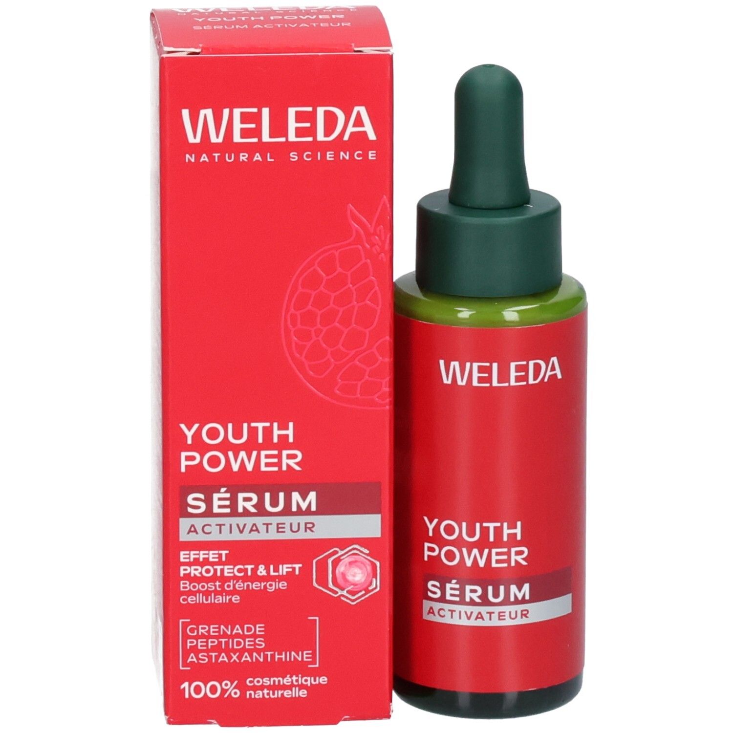 Sérum Weleda Youth Power avec emballage. Boîte rouge motif grenade. Texte : WELEDA YOUTH POWER SÉRUM ACTIVATEUR.