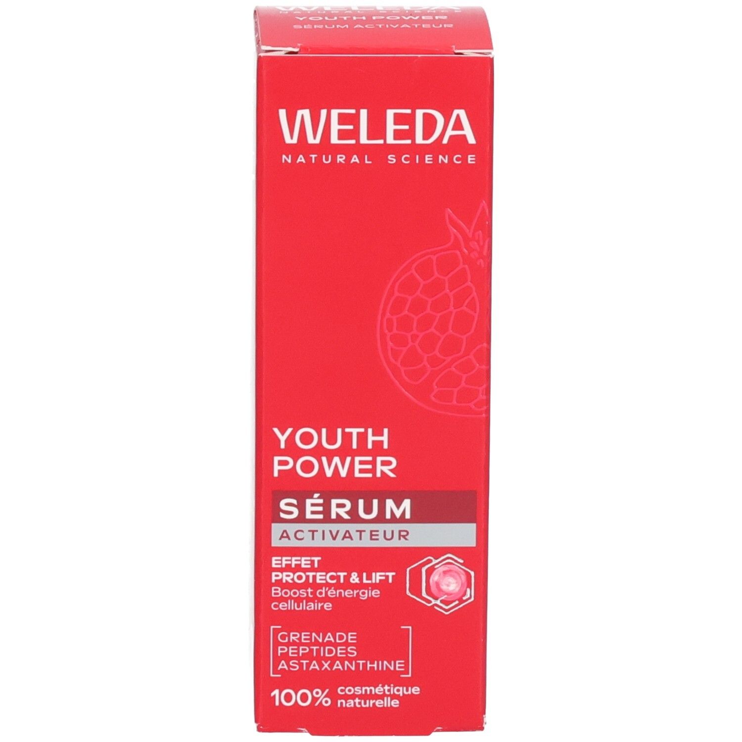 Sérum Weleda Youth Power avec emballage. Boîte rouge motif grenade. Texte : WELEDA YOUTH POWER SÉRUM ACTIVATEUR.