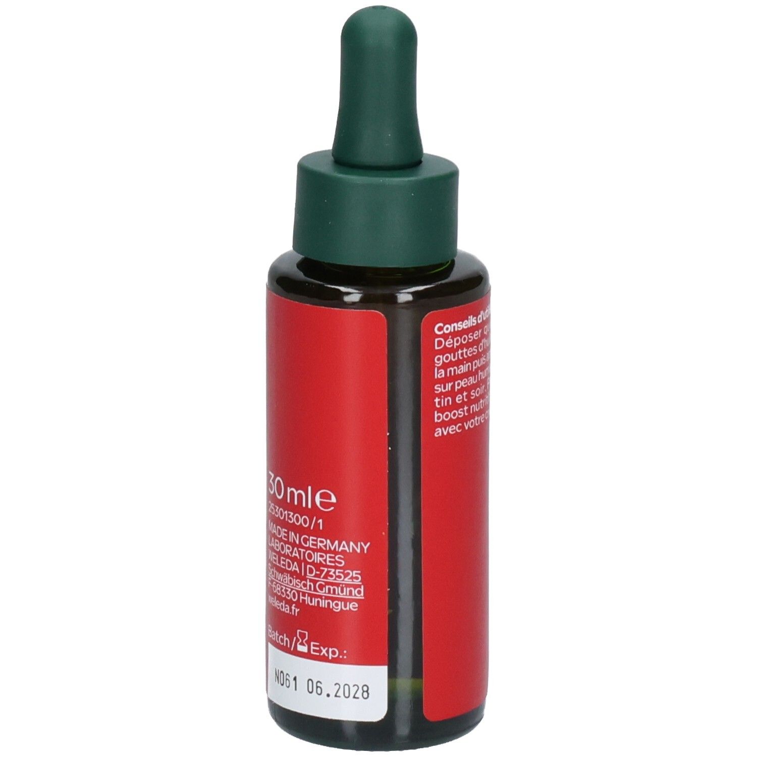 Flacon WELEDA Youth Power Huile Visage avec compte-gouttes, dos avec numéro de lot et date d'expiration.