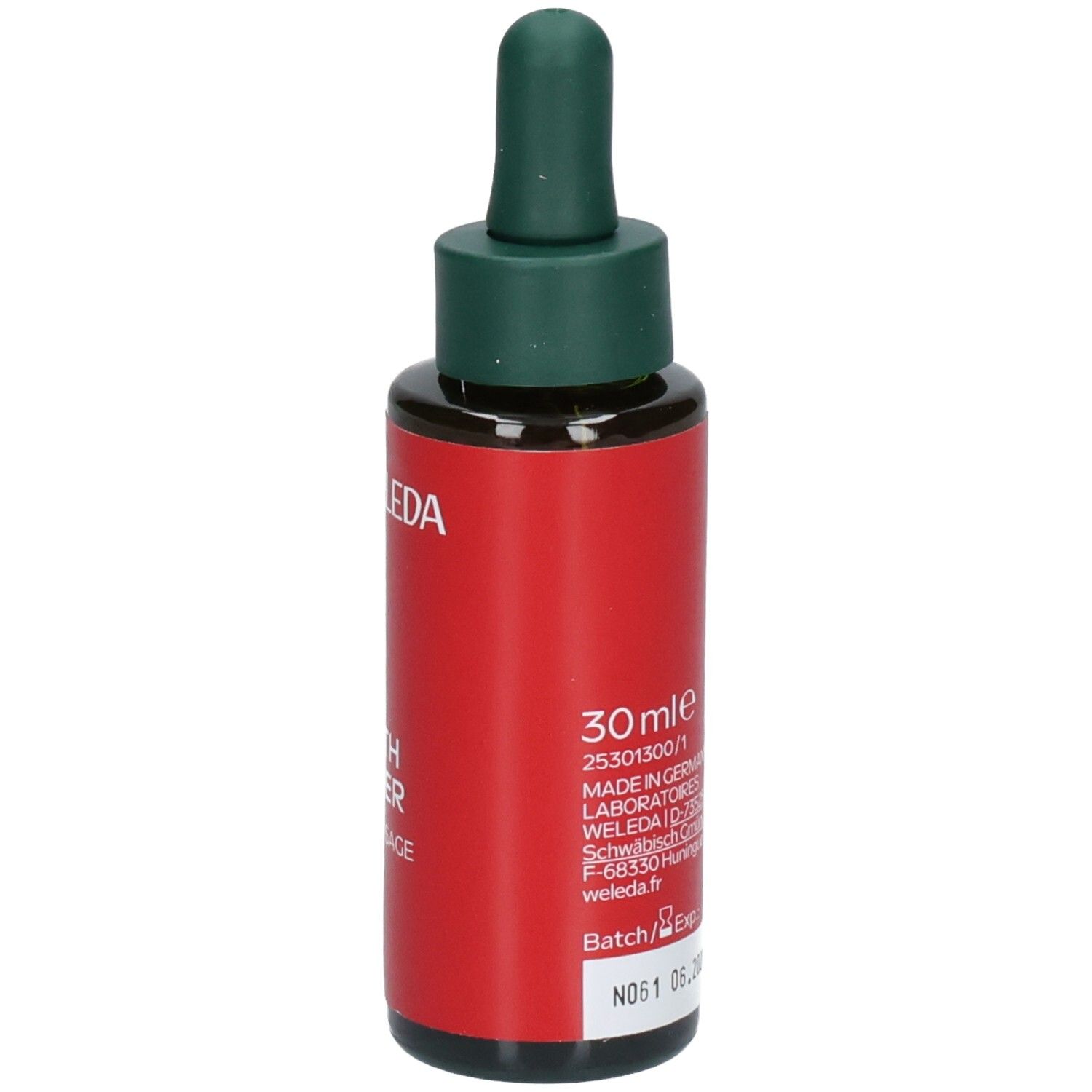 Flacon WELEDA Youth Power Huile Visage avec compte-gouttes, dos avec numéro de lot et date d'expiration.