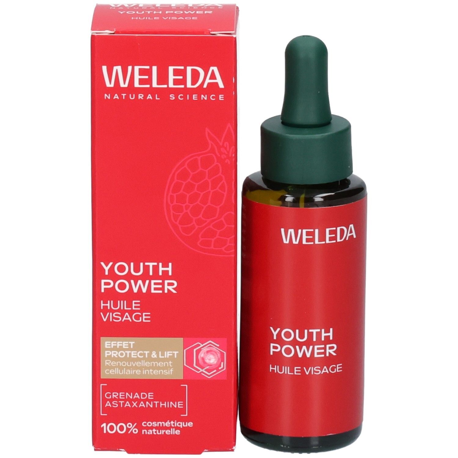 Flacon WELEDA Youth Power Huile Visage et boîte pliante avec motif grenade.