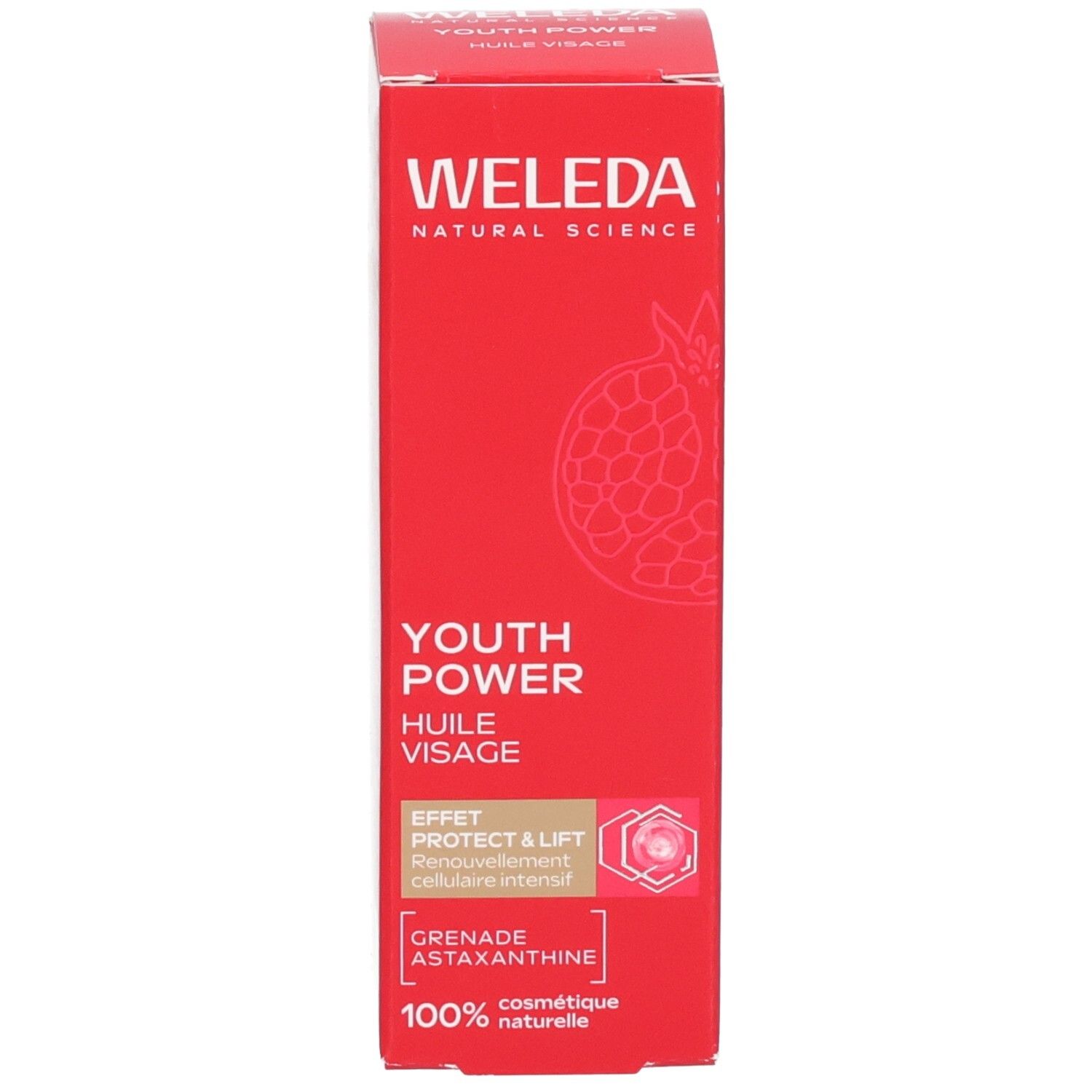 Boîte pliante WELEDA Youth Power Huile Visage avec motif grenade et informations produit.