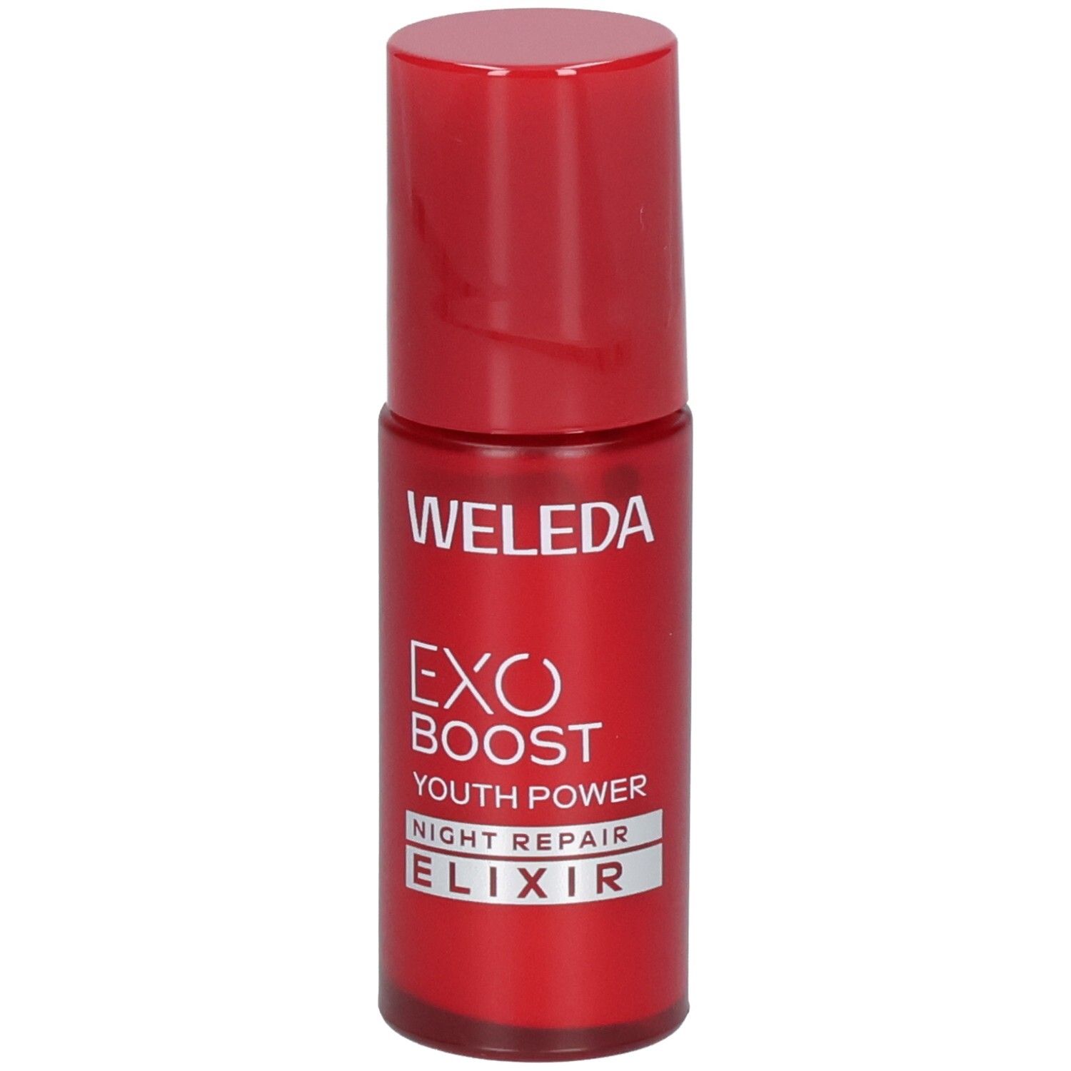 Flacon rouge WELEDA EXO BOOST YOUTH POWER NIGHT REPAIR ELIXIR.