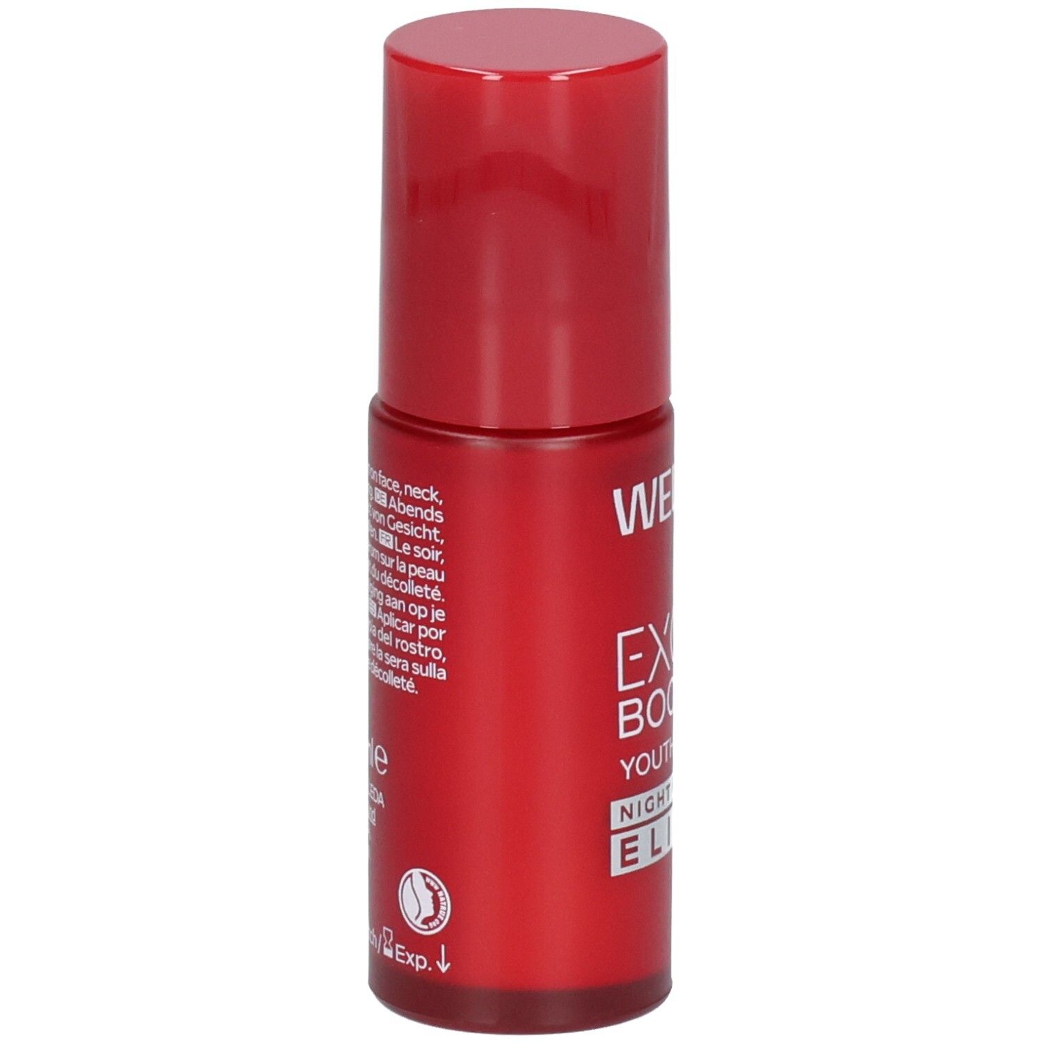 Flacon rouge WELEDA EXO BOOST YOUTH POWER NIGHT REPAIR ELIXIR avec instructions.