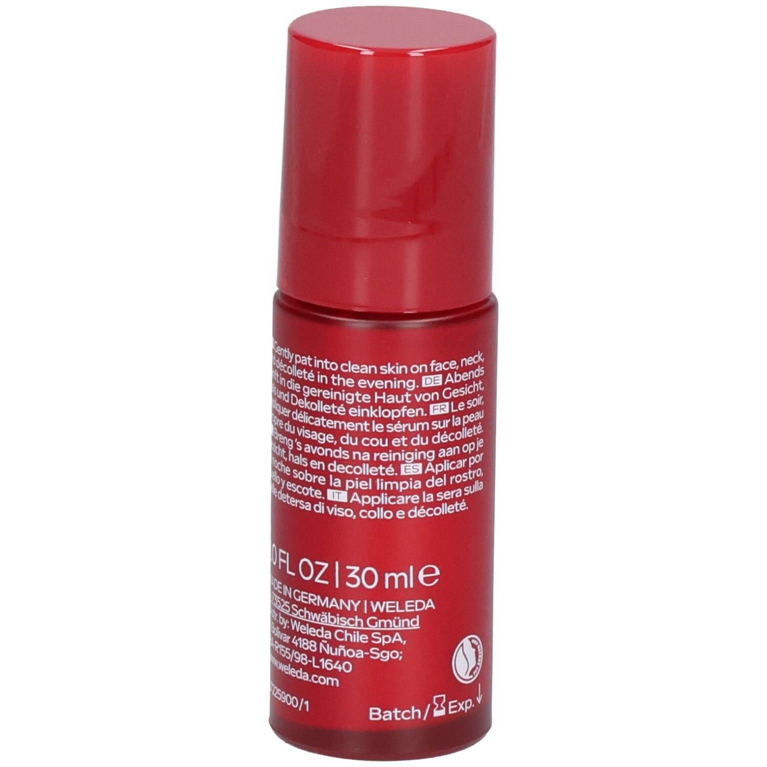 Flacon rouge WELEDA EXO BOOST YOUTH POWER NIGHT REPAIR ELIXIR, Made in Germany.