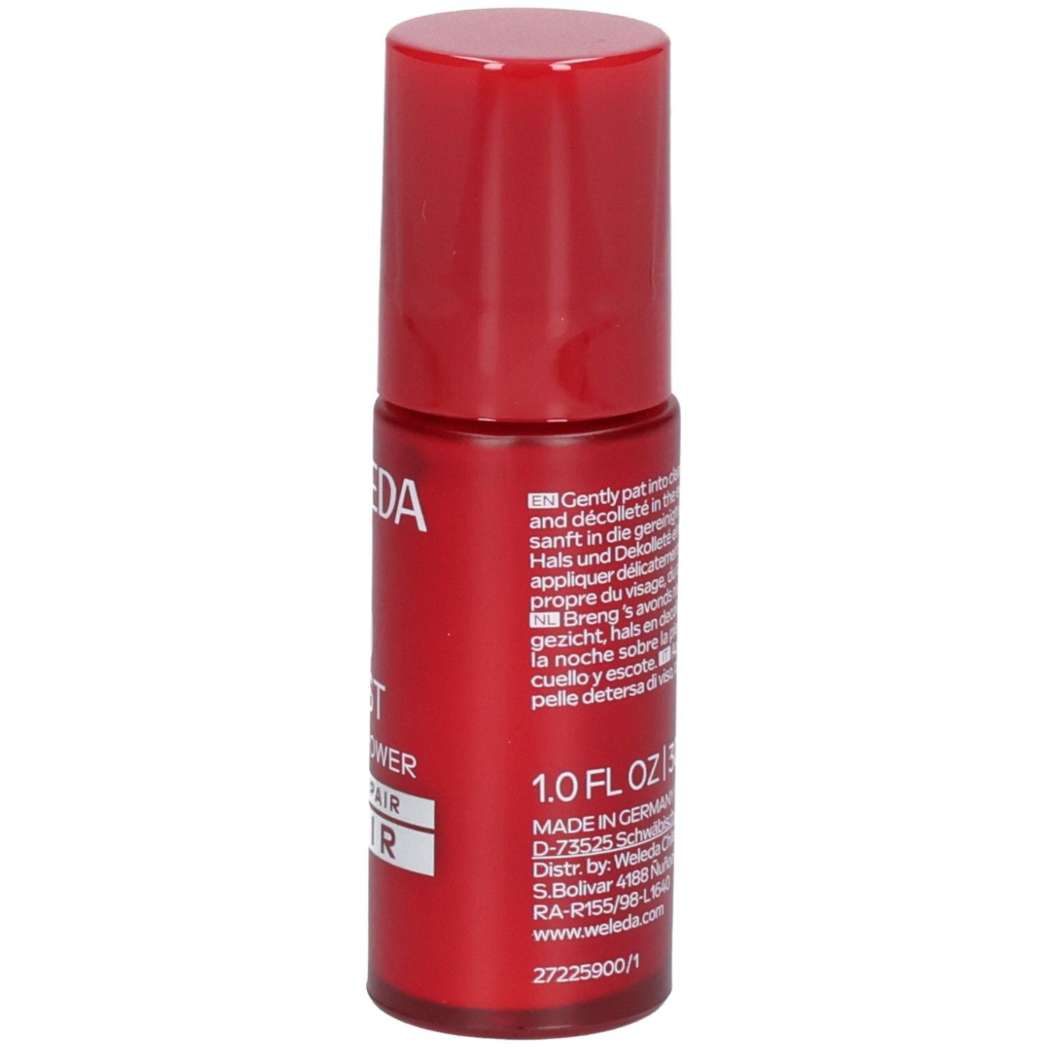 Flacon rouge WELEDA EXO BOOST YOUTH POWER NIGHT REPAIR ELIXIR, Made in Germany, 30 ml.