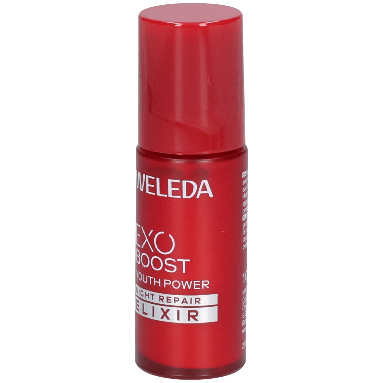 Flacon rouge WELEDA EXO BOOST YOUTH POWER NIGHT REPAIR ELIXIR, dos avec texte.
