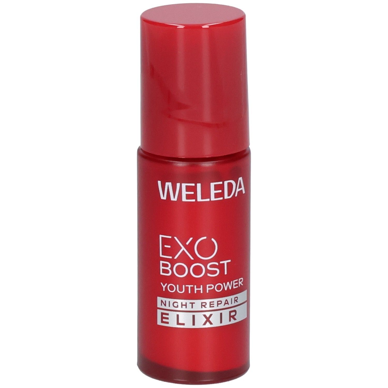 Flacon rouge WELEDA EXO BOOST YOUTH POWER NIGHT REPAIR ELIXIR, vue latérale.
