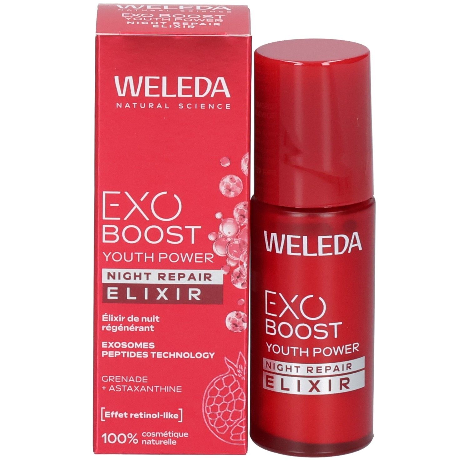 Flacon et emballage WELEDA EXO BOOST YOUTH POWER NIGHT REPAIR ELIXIR.