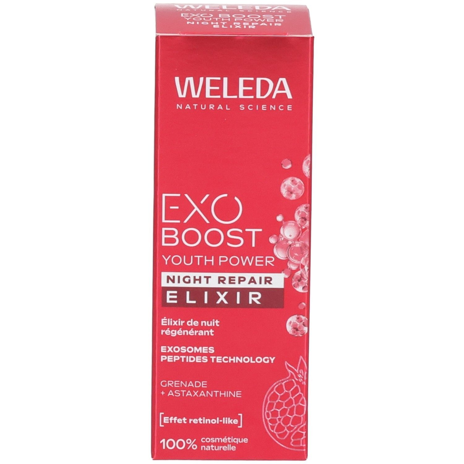 Emballage WELEDA EXO BOOST YOUTH POWER NIGHT REPAIR ELIXIR avec flacon, symbole grenade.